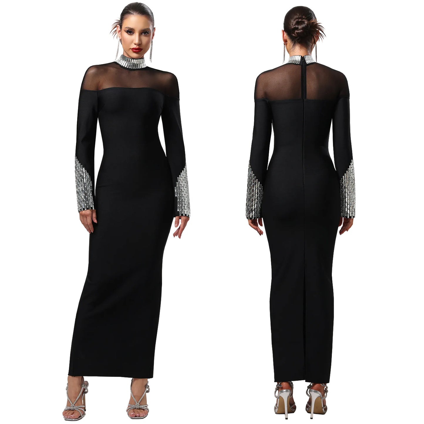 XYZ C7592 turtleneck long sleeve slim fit rhinestone dress