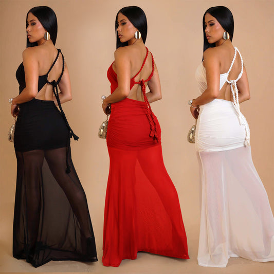 XYZ C7515 shoulder sheer mesh backless dress
