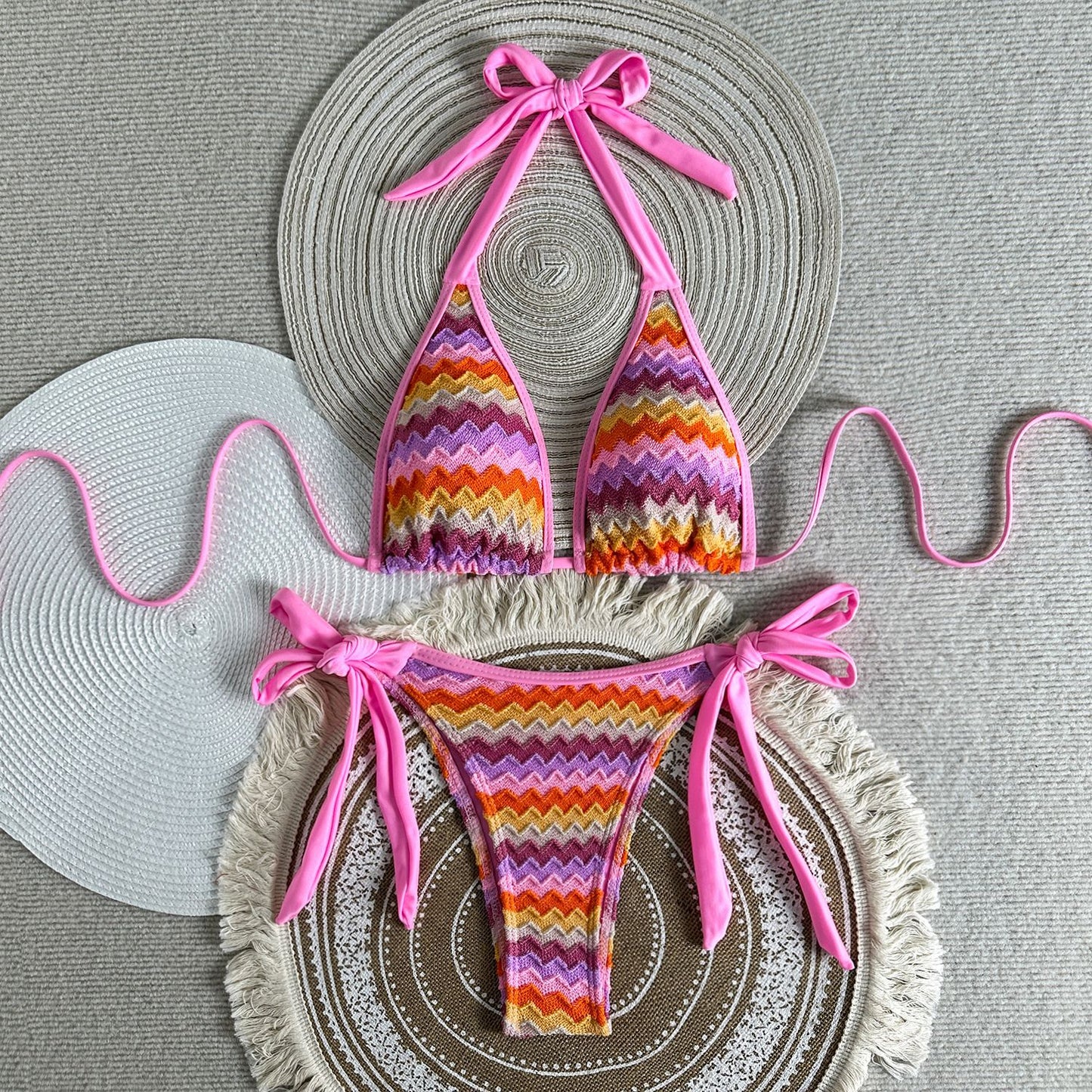 (4 days ready to ship) SY 2026 halter lace-up split bikini striped swimming