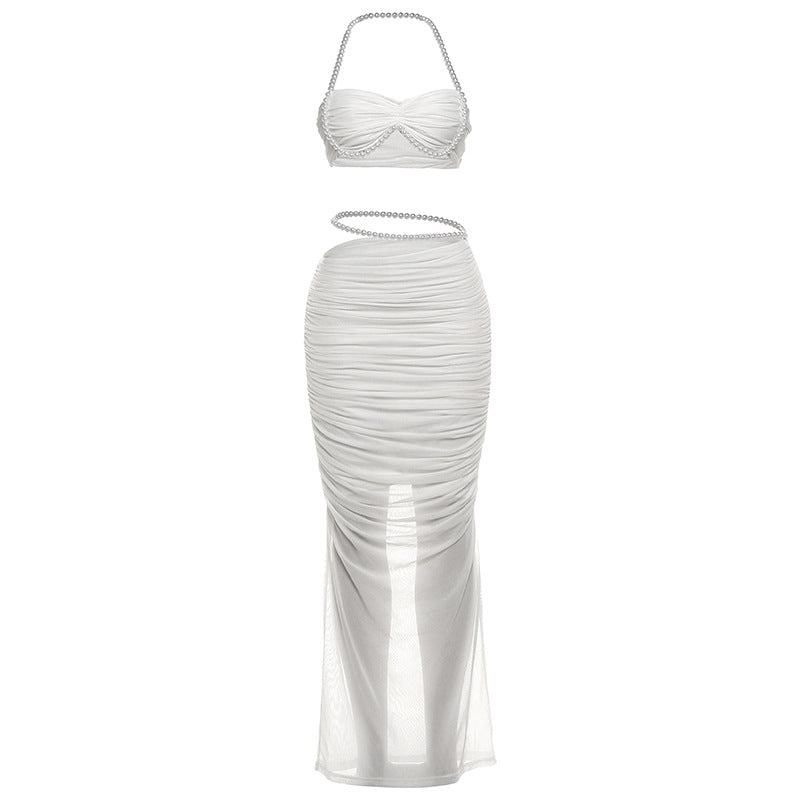 SXR autumn and winter Pearl decorative navel wrapped chest low waist hip-wrapped long skirt suit