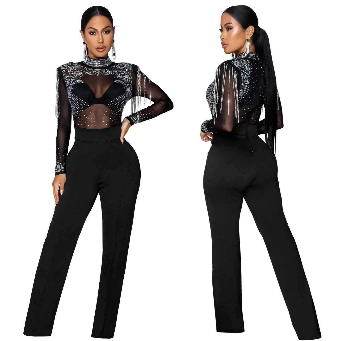 XYZ C7579 sheer mesh hot drilling long sleeve jumpsuit