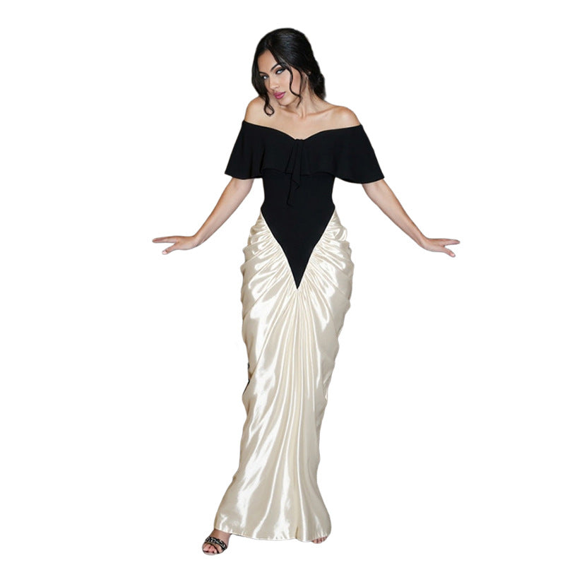 SXR autumn and winter off-the-shoulder waist ruffle hip contrasting-color dress