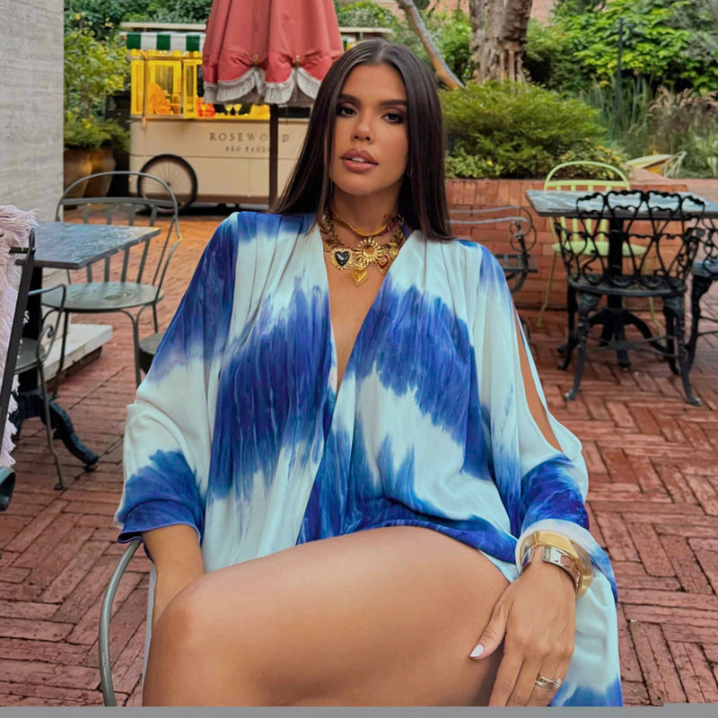 DZHT D26ST156 tie-dye printed large bell sleeve slit top and shorts two-piece suit