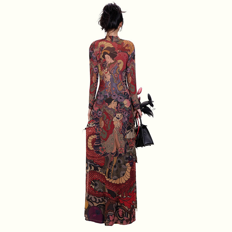 DLS Spring crew neck personality printed waist-controlled slim and tall looking split long top
