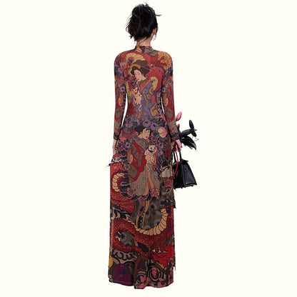 DLS Spring crew neck personality printed waist-controlled slim and tall looking split long top