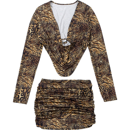 SXR leopard print stud for autumn and winter V-neck long sleeve top low waist skirt outfit