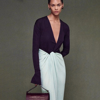 SXR fall winter fashion deep v-neck long sleeve split long dress