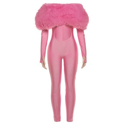 SXR autumn and winter off-shoulder furry stitching midriff-baring long sleeve jumpsuit