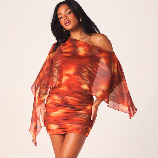 DZHT Q26DS032 fashionable printed asymmetric one-shoulder pleating sheath dress