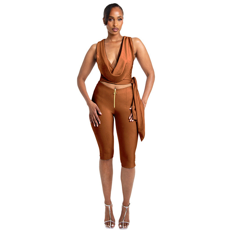DZHT J26ST201 summer draped collar tied top zipper decorations tight cropped pants