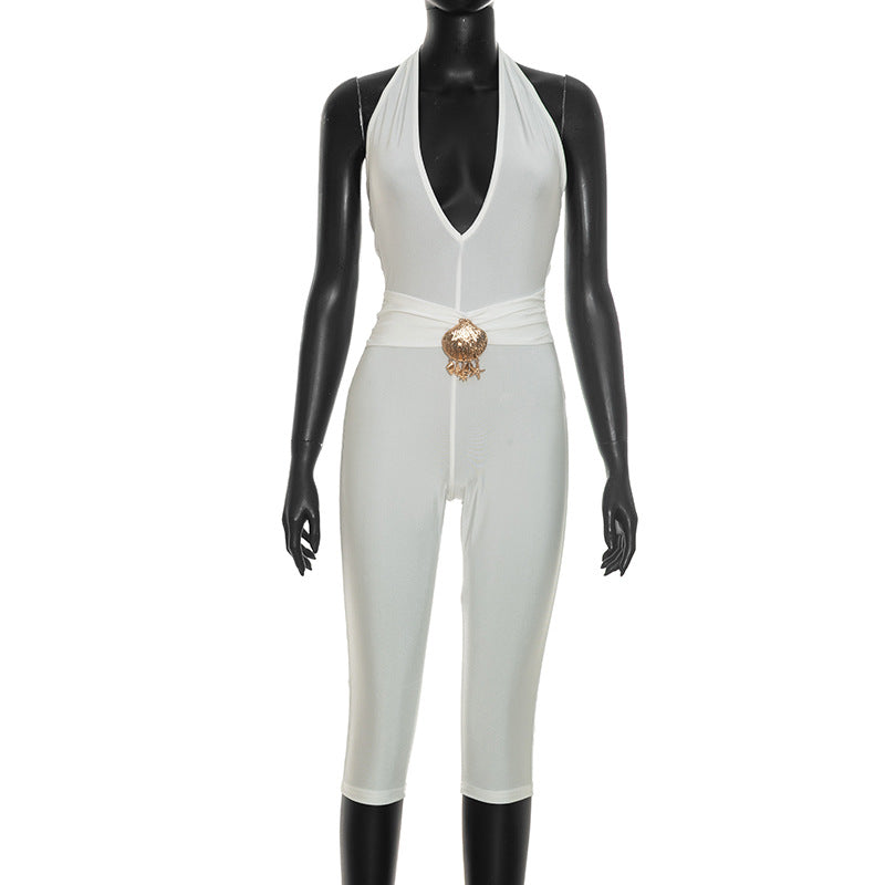 DZHT D26JP165 all-match deep V halter lace-up tight one-piece cropped pants