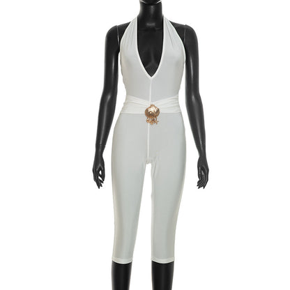 DZHT D26JP165 all-match deep V halter lace-up tight one-piece cropped pants