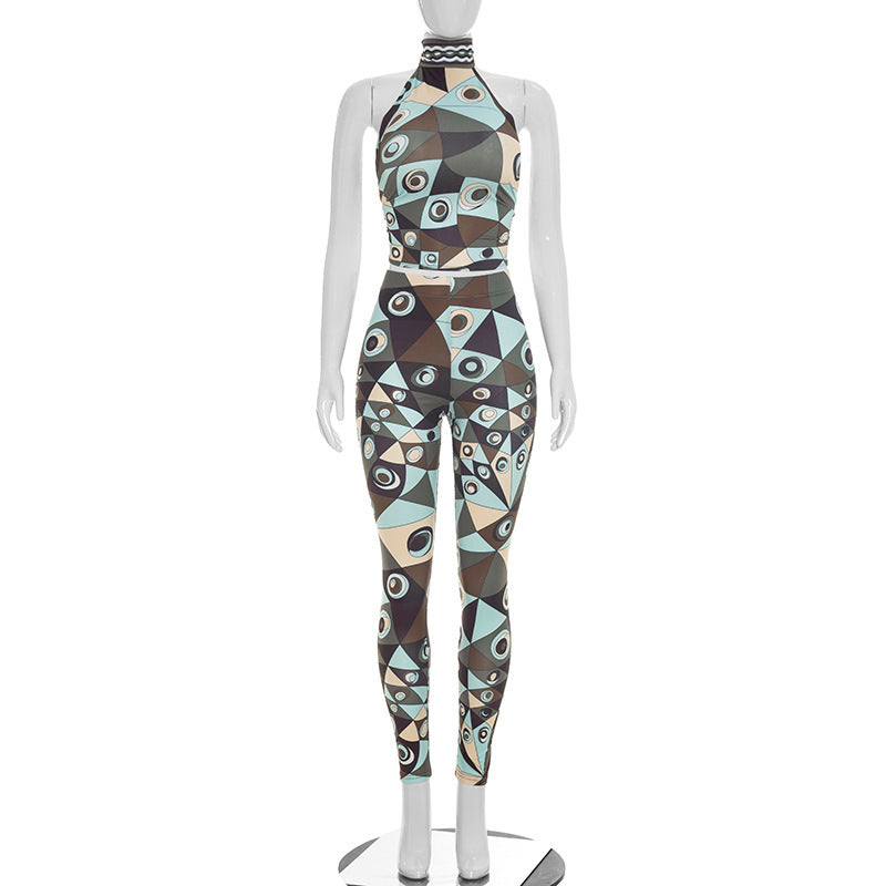 DZHT C26ST205 halter strap backless top tight trousers printed two-piece suit