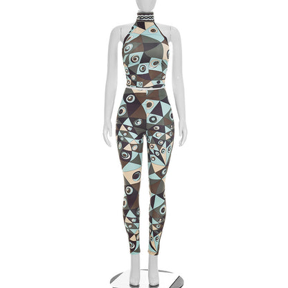 DZHT C26ST205 halter strap backless top tight trousers printed two-piece suit