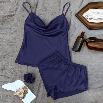 DNL pure color Ice Silk suspender shorts suit lightweight two-piece set