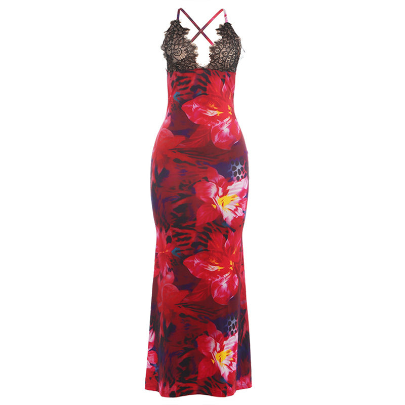 SXR K6D09150A summer printed lace stitched backless dress