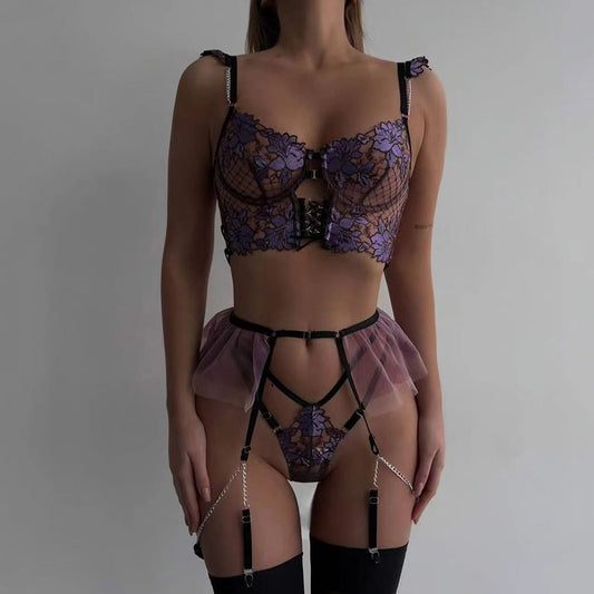 Jing sexy lingerie embroidery cute flowers metal lanyard three-piece set 1609