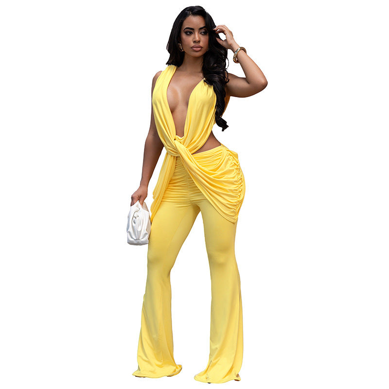 DZHT J26JP194 solid color layered draping effect low collar sleeveless one-piece trousers