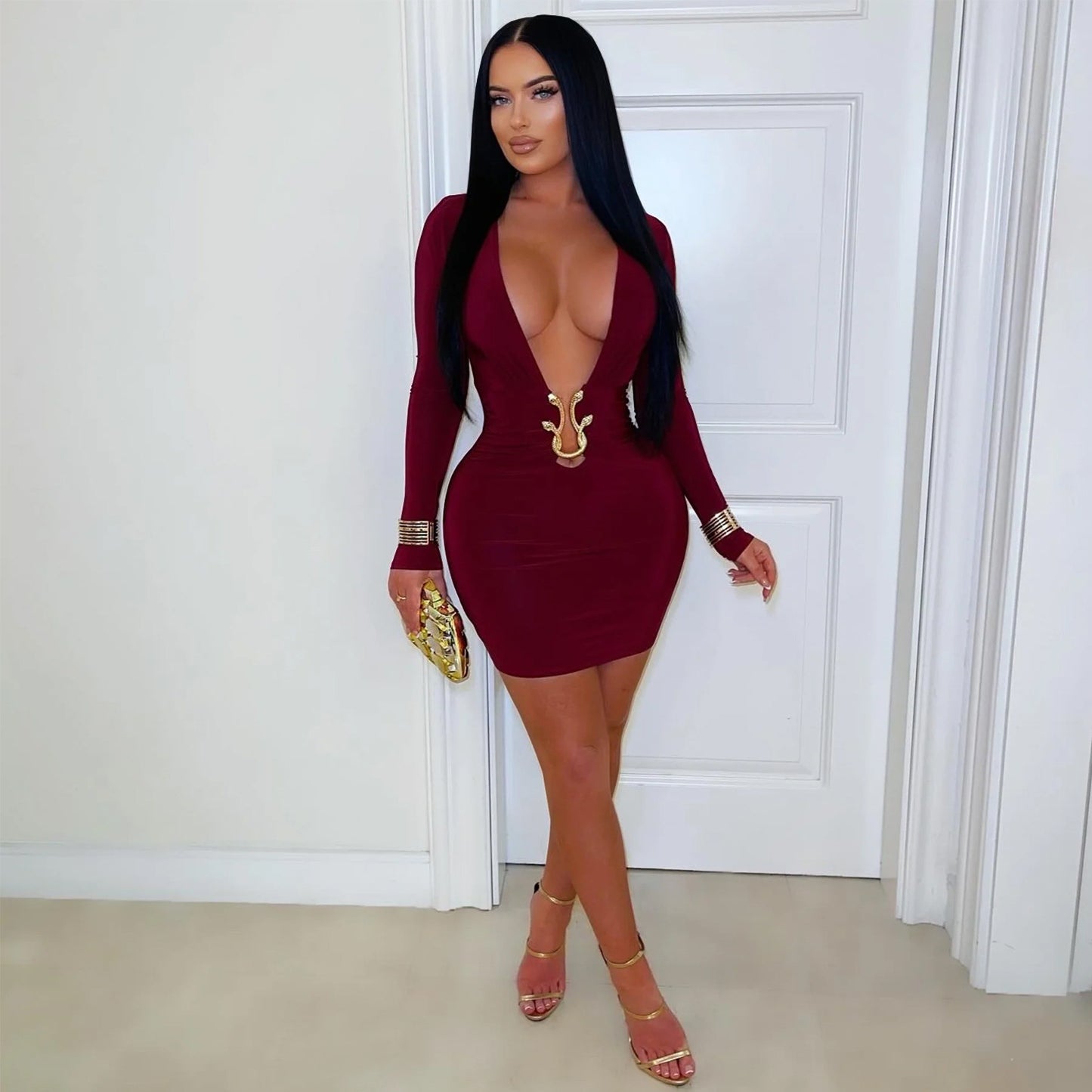 XYZ C7609 deep V hip-wrapped snake-shaped accessories dress