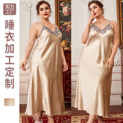 DNL plus-sized pajamas suspender skirt spring flower edge nightgown long artificial silk