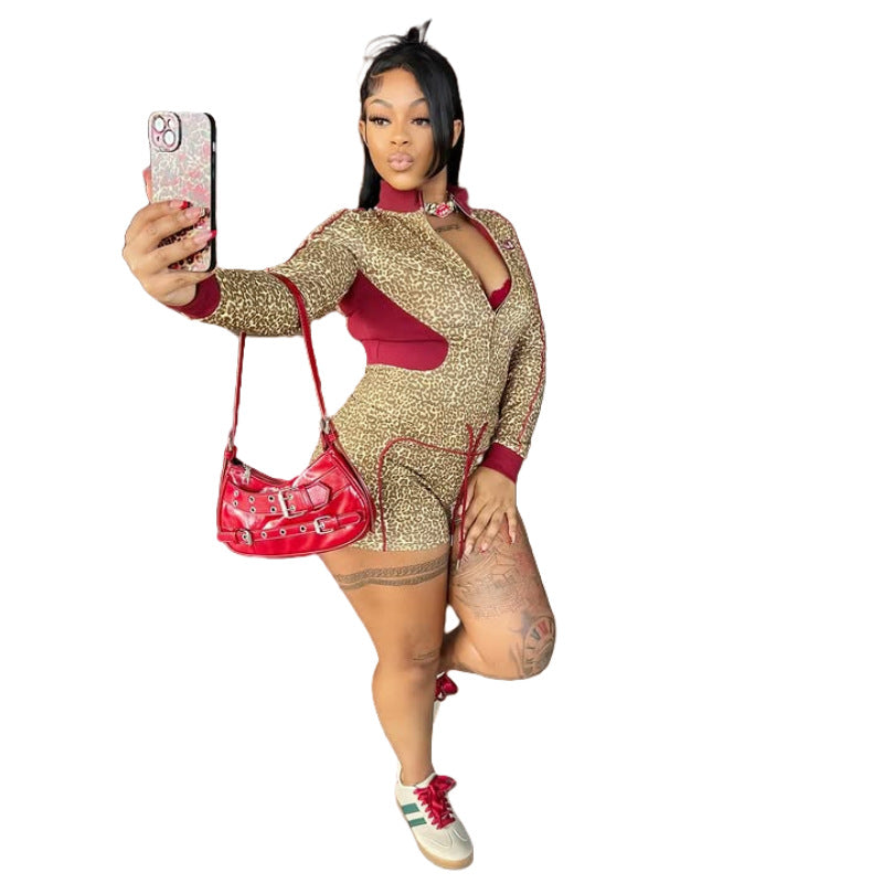 MZ (S-2XL) leopard print shorts MZ88651 long sleeve stretch suit