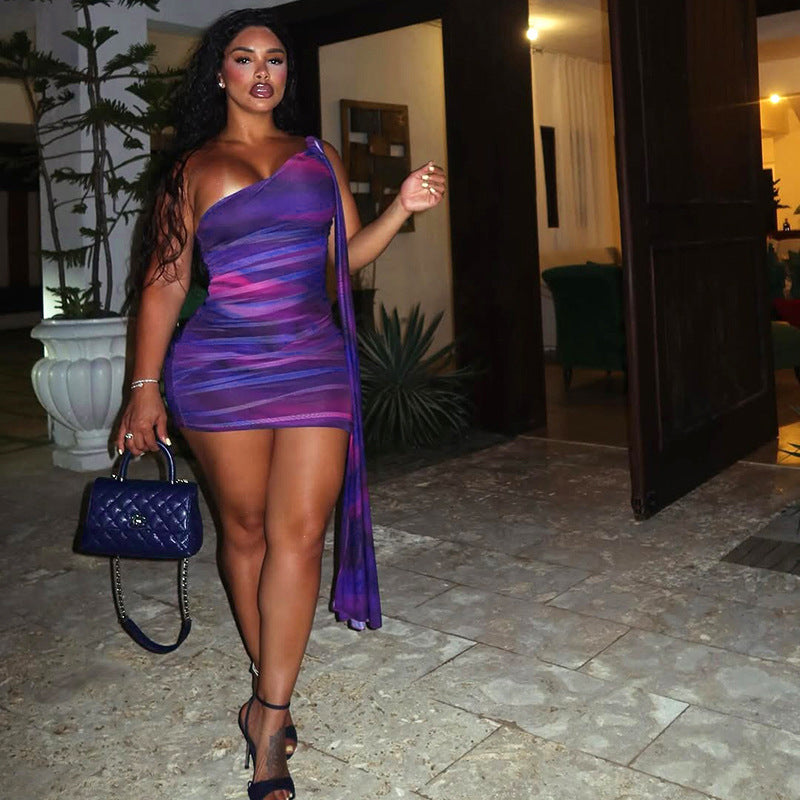 DZHT Q26DS011 spring printed one-shoulder ribbon hip-wrapped short dress