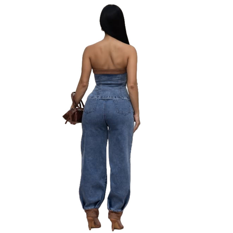 MZ (S-2XL) tube top denim MZ88669 tube top stretch trousers suit