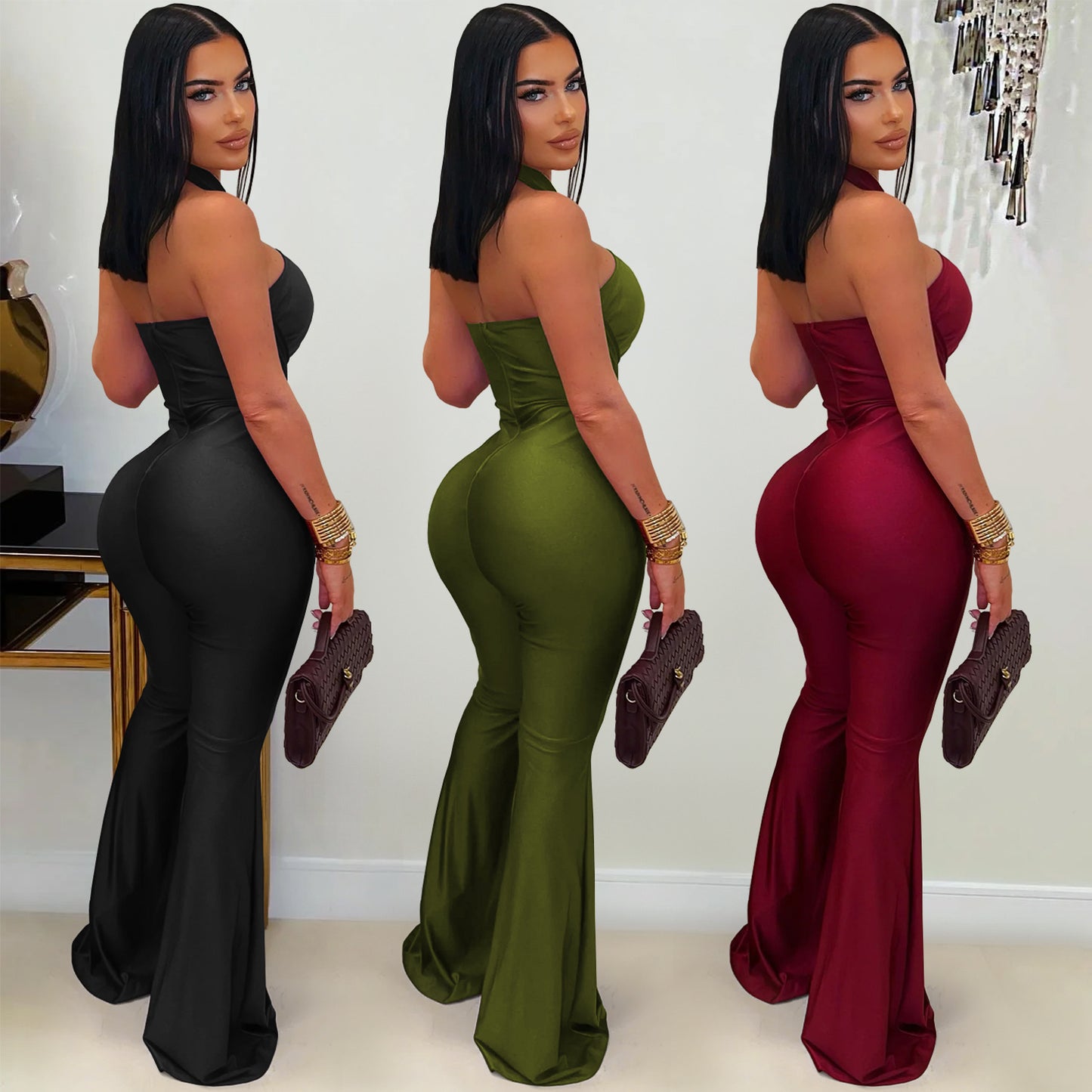 XYZ C7570 halter wide leg arm covering jumpsuit