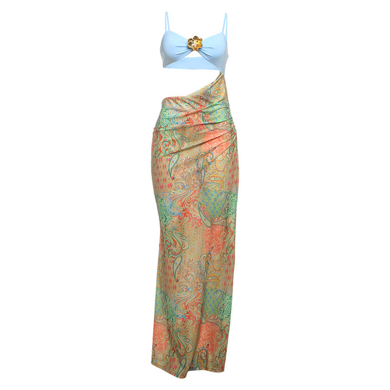 SXR spring strap stitching midriff outfit printed long dress contrast color backless dress