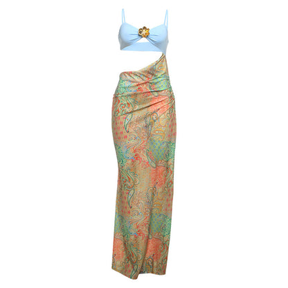 SXR spring strap stitching midriff outfit printed long dress contrast color backless dress