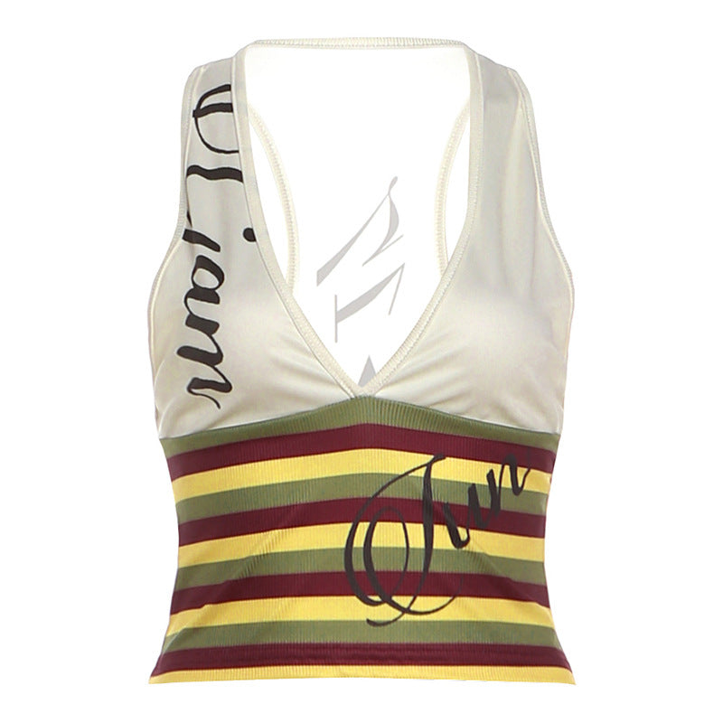 SXR K6L09388A summer deep V-neck backless halter striped contrast color slim fit top