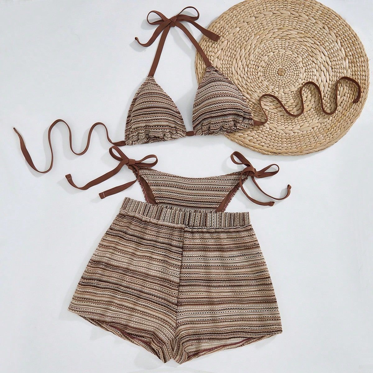 CL (L-4XL) sexy halter lace-up bikini plus size swimsuit split beach shorts three-piece suit