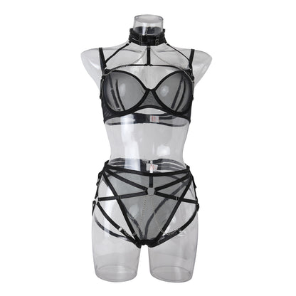 Metal chain lace-up sexy lingerie set 1841
