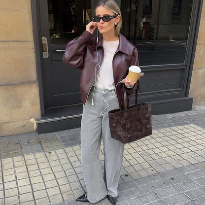 SXR fall and winter lapels zipper solid color casual poly urethane leather stitching long sleeve jacket