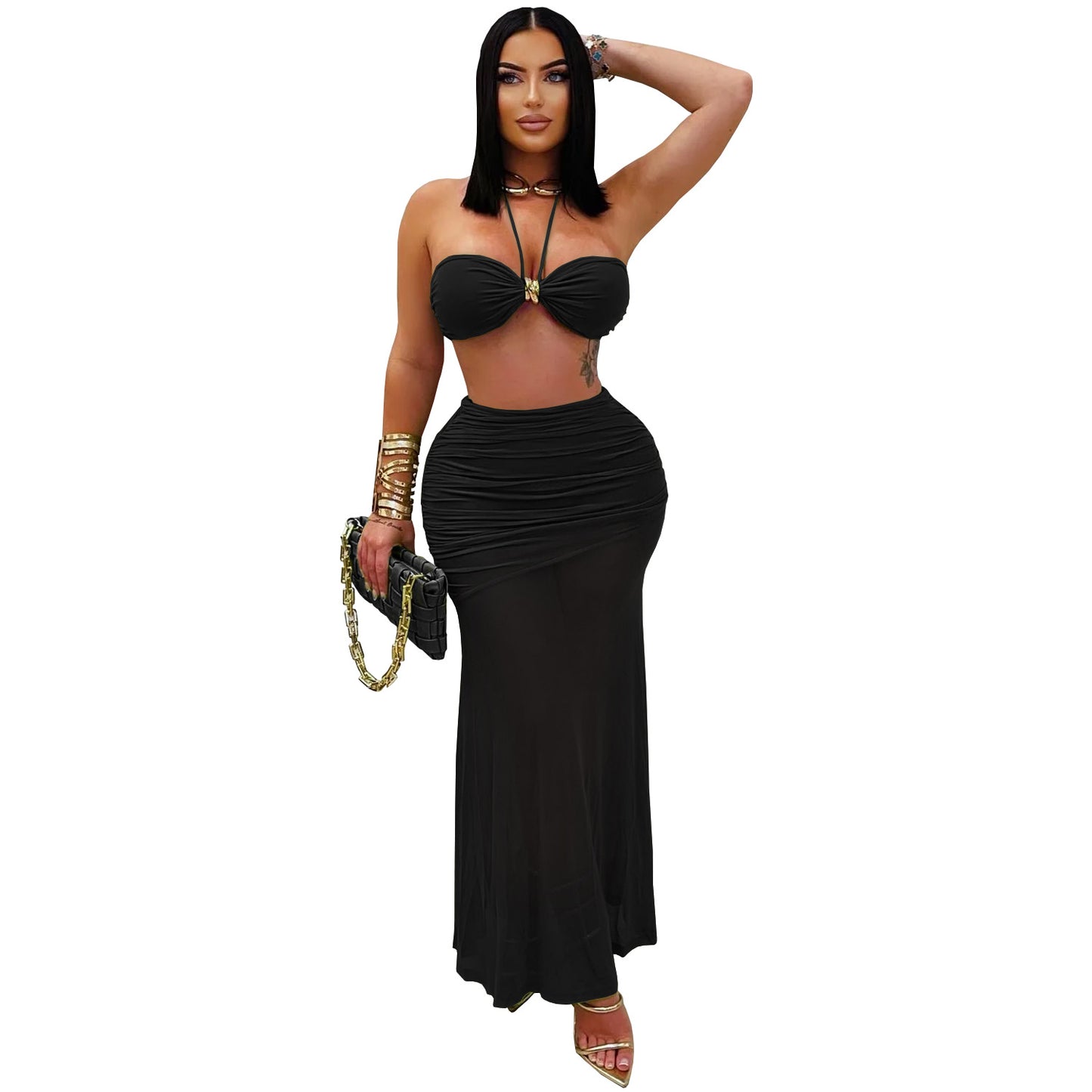 XYZ C7456 tube top arm covering pleated mesh long dress