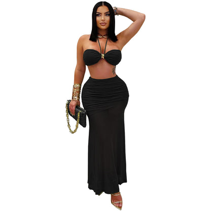 XYZ C7456 tube top arm covering pleated mesh long dress