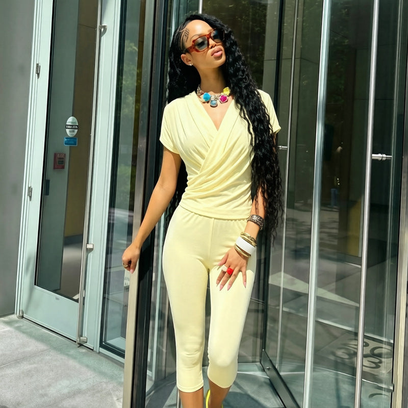 DZHT J26ST316 fall V-neck cross pleated wrap short sleeve cropped pants suit