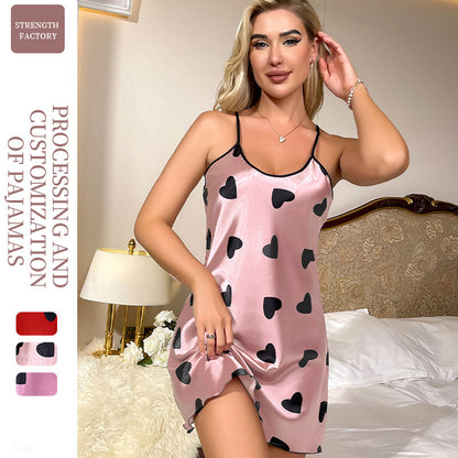 DNL backless Ice Silk suspender skirt artificial silk nightdress love pajamas short skirt for women
