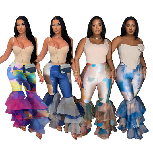 MYF (S-2XL) K10744 tie-dyed printed bell-bottom pants ruffled women's pants