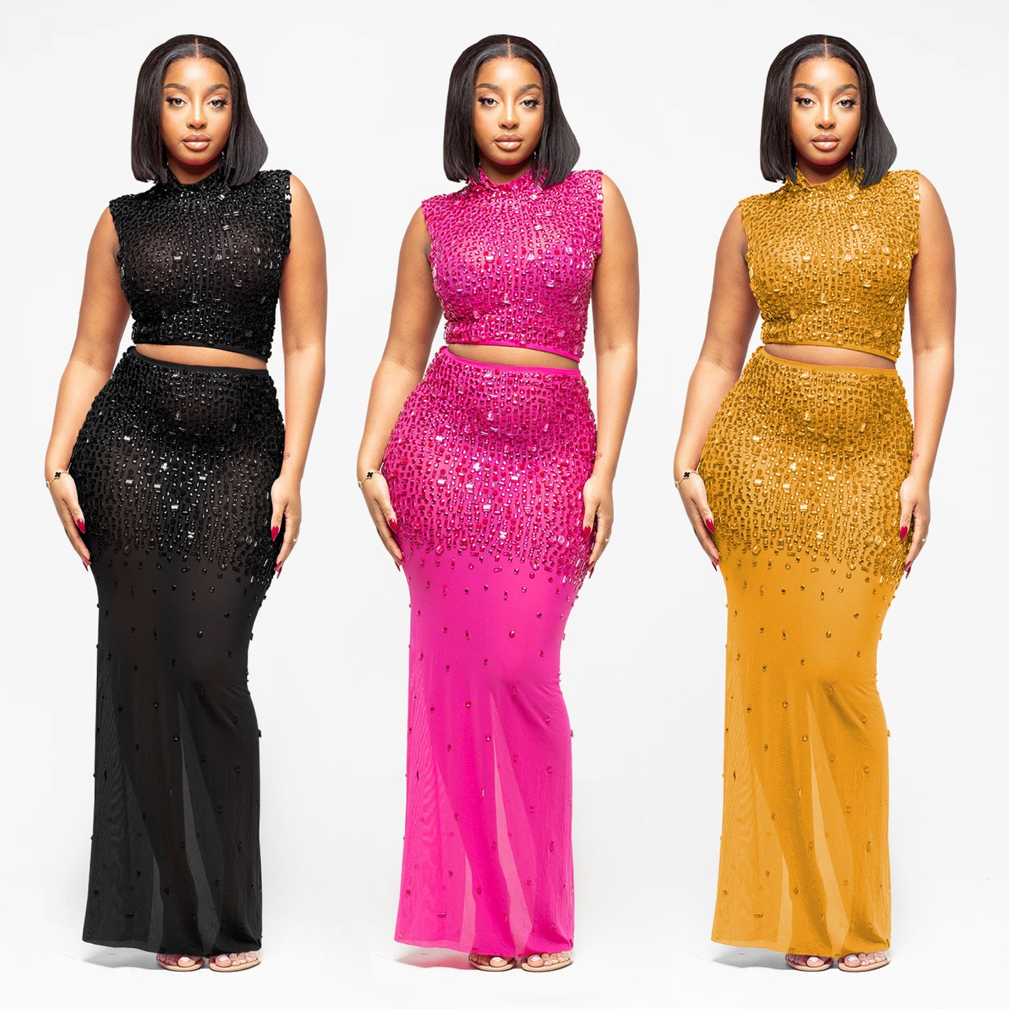 XYZ C7580 sheer mesh rhinestone dress two-piece set