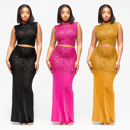 XYZ C7580 sheer mesh rhinestone dress two-piece set