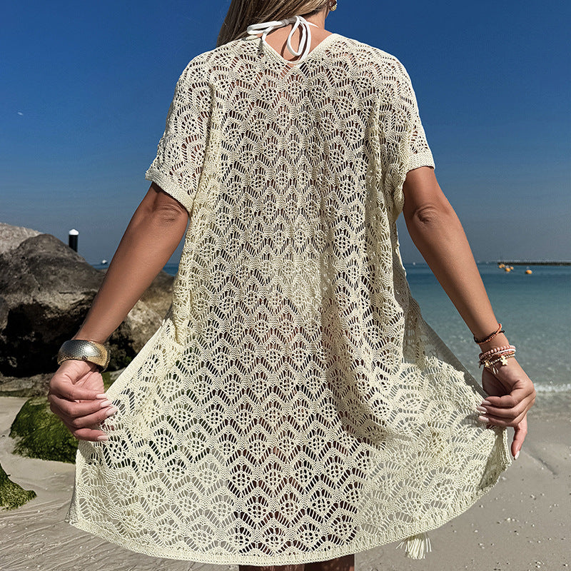 CYB knitted V-neck loose side drawstring split beach sun shield skirt