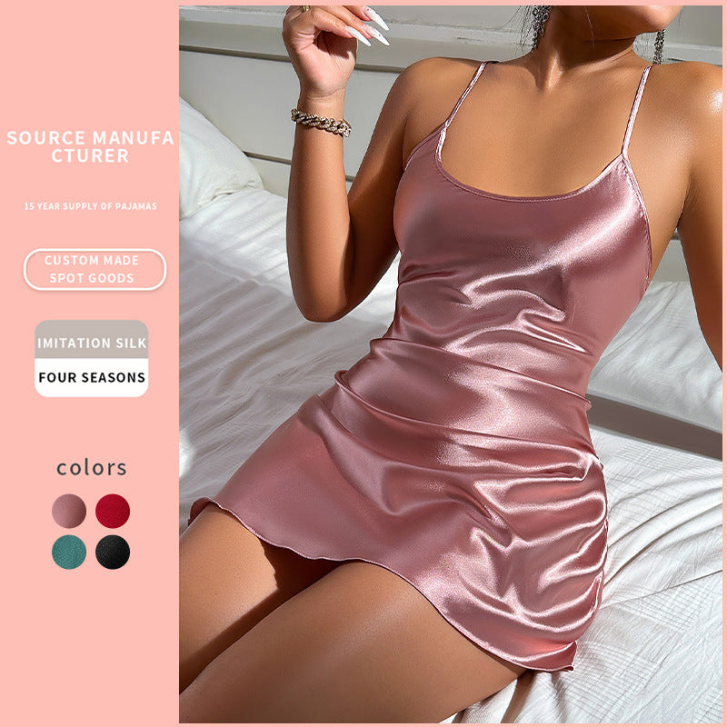 DNL backless Ice Silk suspender skirt pajamas short skirt women's artificial silk nightdress