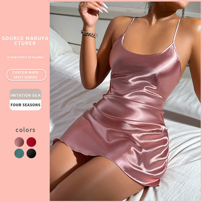 DNL backless Ice Silk suspender skirt pajamas short skirt women's artificial silk nightdress