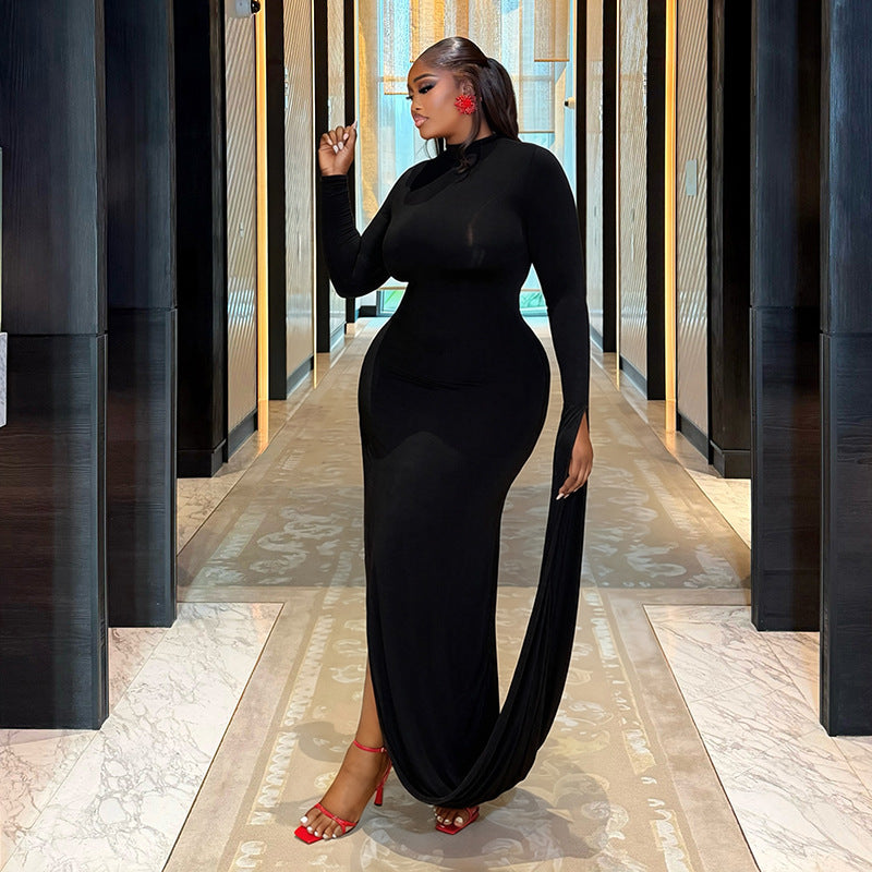 DZHT D26DS287 slim-fit half-turtleneck oblique sleeve dress