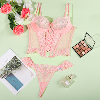 Lace stitching see-through love chest strap sexy lingerie split suit
