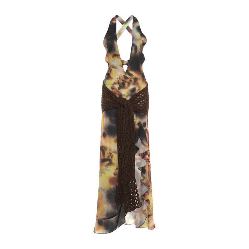 SXR K6D04212A spring and summer sexy backless deep V slit printed dress