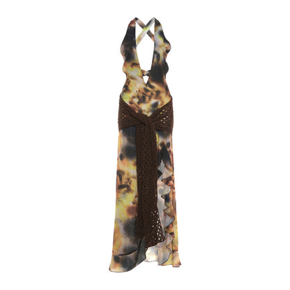 SXR K6D04212A spring and summer sexy backless deep V slit printed dress