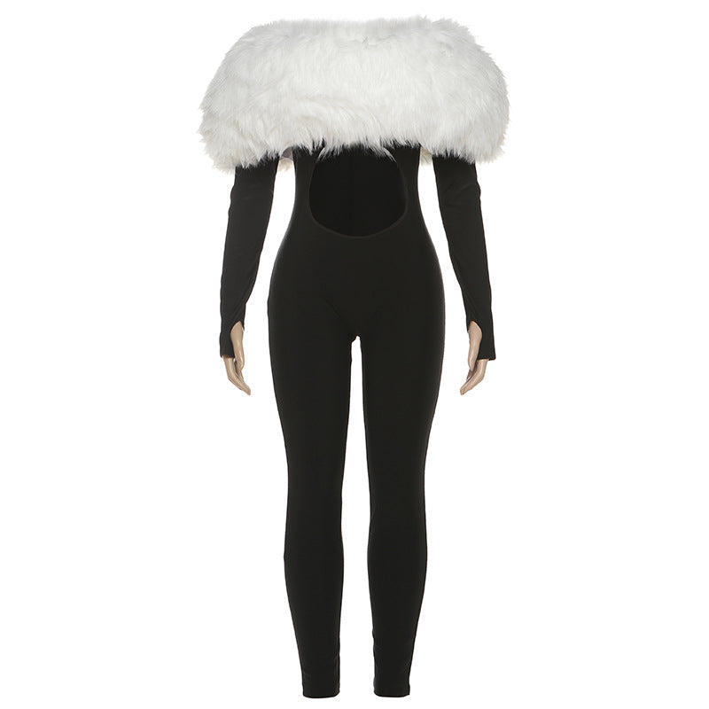 SXR autumn and winter off-shoulder furry stitching midriff-baring long sleeve jumpsuit