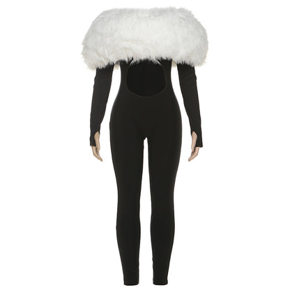 SXR autumn and winter off-shoulder furry stitching midriff-baring long sleeve jumpsuit
